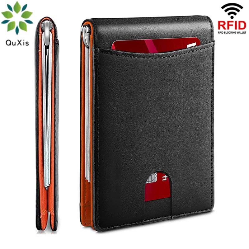 ארנק גברים דק עם חסימת RFID, ארנק קומפקטי מעור PU עם קליפס לכסף ותאים לכרטיסים