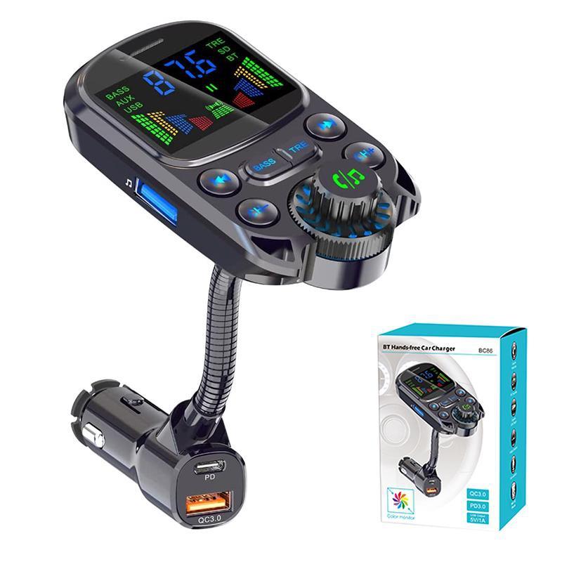 משדר FM לרכב Bluetooth 5.3 עם מטען מהיר 30W, דיבורית, נגן MP3 ותמיכה ב-USB, AUX וכרטיס TF
