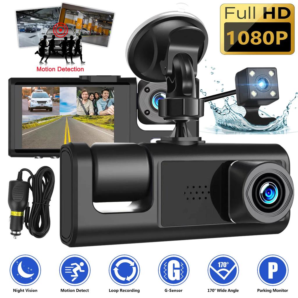 מצלמת דרך לרכב 1080P עם 3 עדשות, מסך IPS 2 אינץ', ראיית לילה וניטור חניה