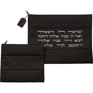 סט טלית תפילין דמוי עור שחור אותיות בולטות "יברכך" כסף 31*38 ס"מ